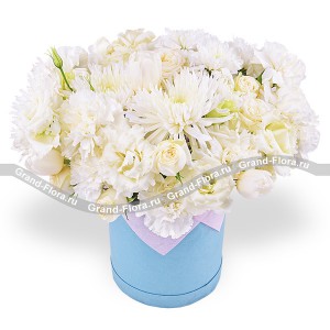 Крылья Купидона - коробка с белыми розами и хризантемами